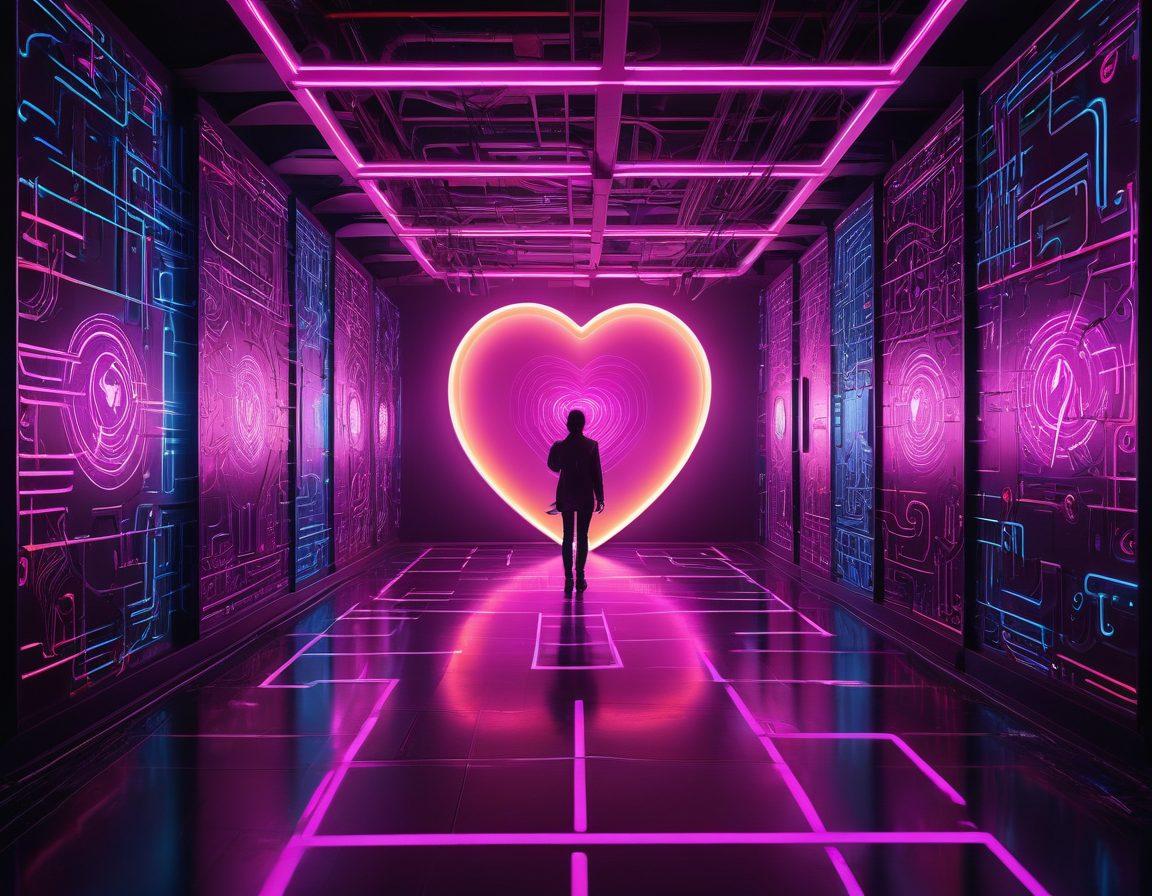 A modern digital landscape featuring a maze-like structure representing the online adult video industry, with paths leading to various cultural symbols like a film reel, a heart, and a social media icon. The scene should be lit with neon colors, signifying both allure and caution. Add silhouettes of diverse people interacting with screens, capturing a sense of exploration and influence. Elements of abstract art to convey complexity and modernity. cyberpunk. vibrant colors.