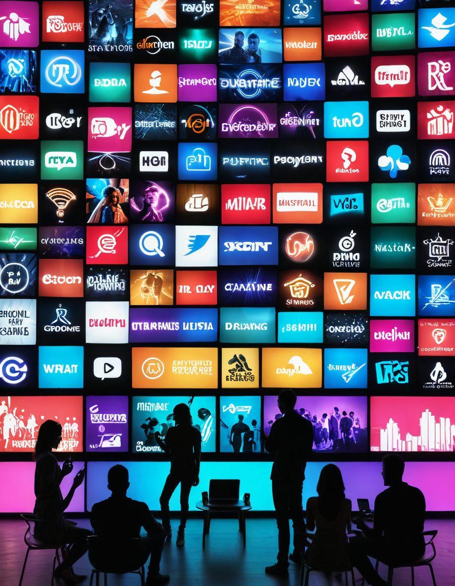 A modern and dynamic scene depicting various streaming service logos with silhouettes of diverse individuals engaging with digital devices, surrounded by a backdrop of abstract symbols representing adult entertainment content. Include vibrant elements like neon lights and playful imagery suggesting exploration and diversity in digital content consumption. super-realistic. vibrant colors. modern design.